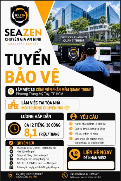 Poster tuyển dụng Nhân viên bảo vệ tại Công viên Phần mềm Quang Trung, Phường Trung Mỹ Tây