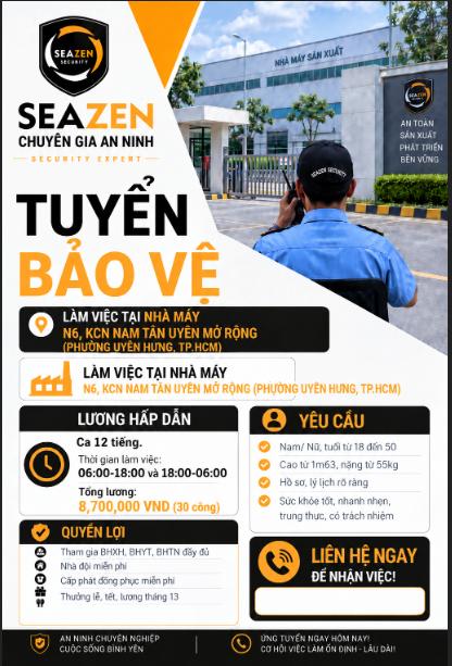 Poster tuyển dụng Nhân viên bảo vệ tại N6, KCN Nam Tân Uyên mở rộng, Phường Uyên Hưng